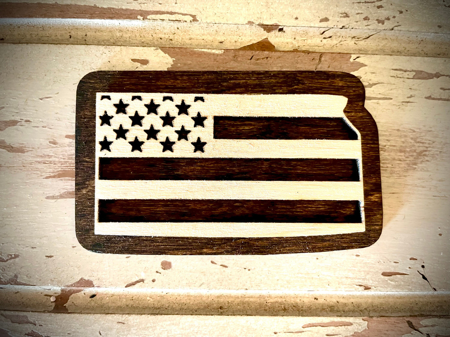 Kansas US Flag 2-Layer Wood Refrigerator Magnet | 12 Finishes | Patriotic Gift