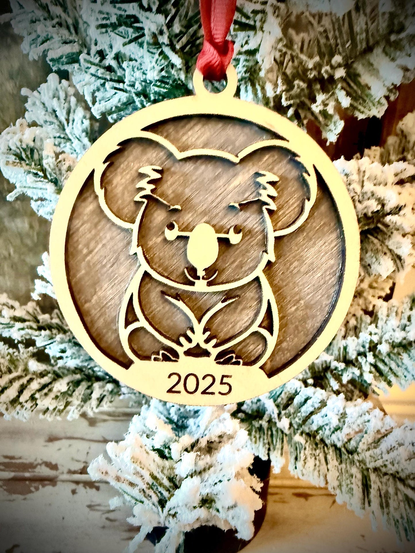 Cute Koala Bear Personalized 2-Layer Wood Christmas Ornament & Gift Tag | Multiple Finishes | Animal Lover Gift