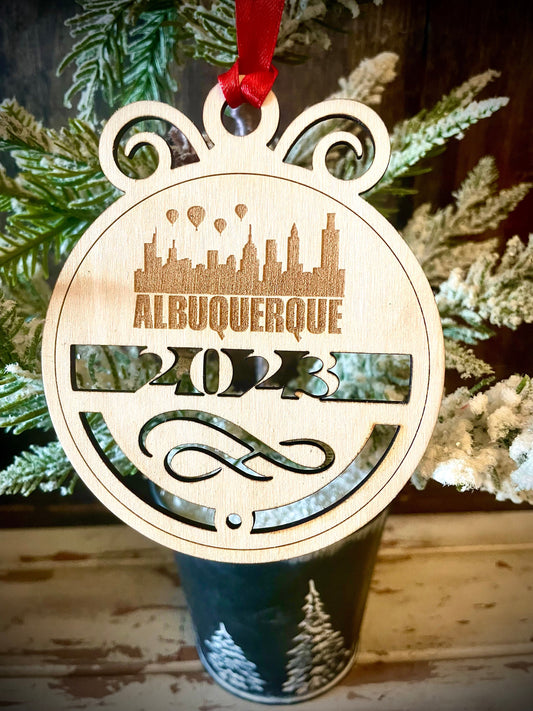 Albuquerque Skyline Wood Ornament | Choice of Year | 4" x 4.75" | Travel Souvenir Gift