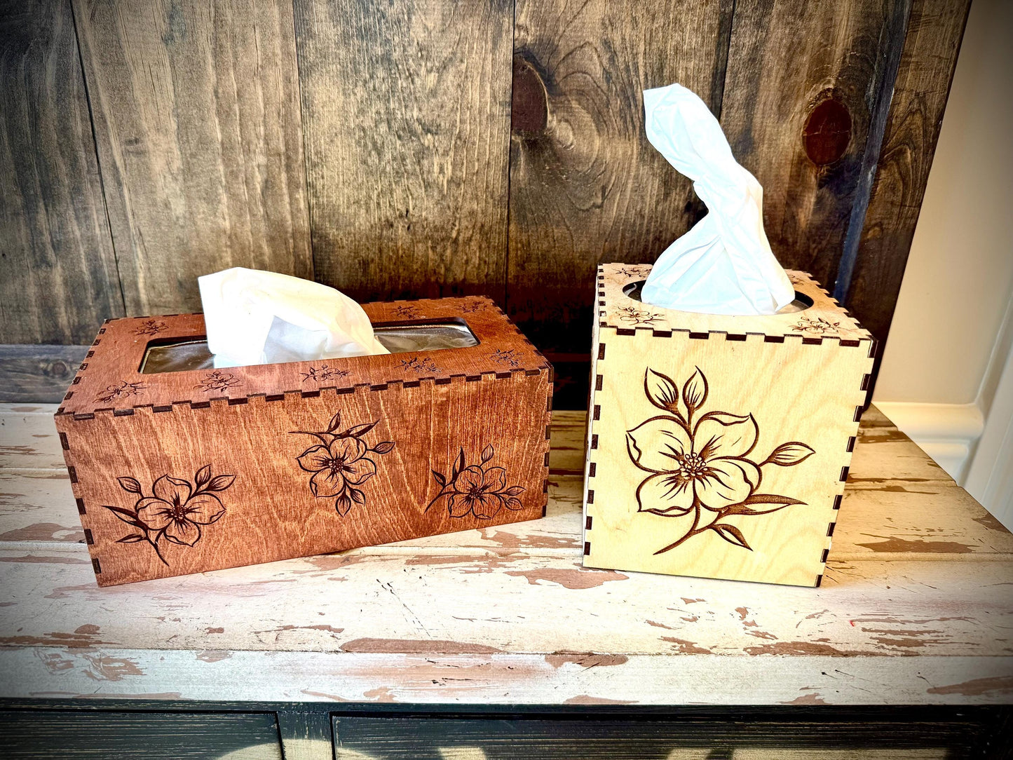 Dogwood Floral Engraved Wood Tissue Box Cover | Square, Oblong & Costco Sizes | 12 Finishes