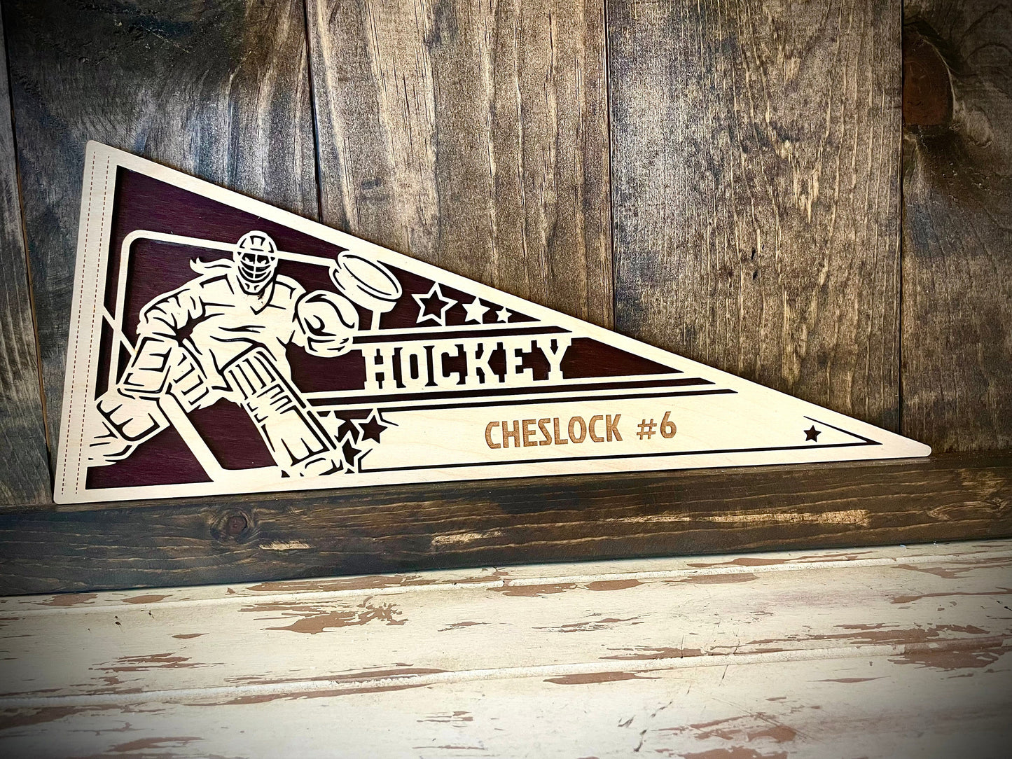 Custom Female Hockey Goalie Wood Pennant | Name & Number Engraved | 12 Finishes