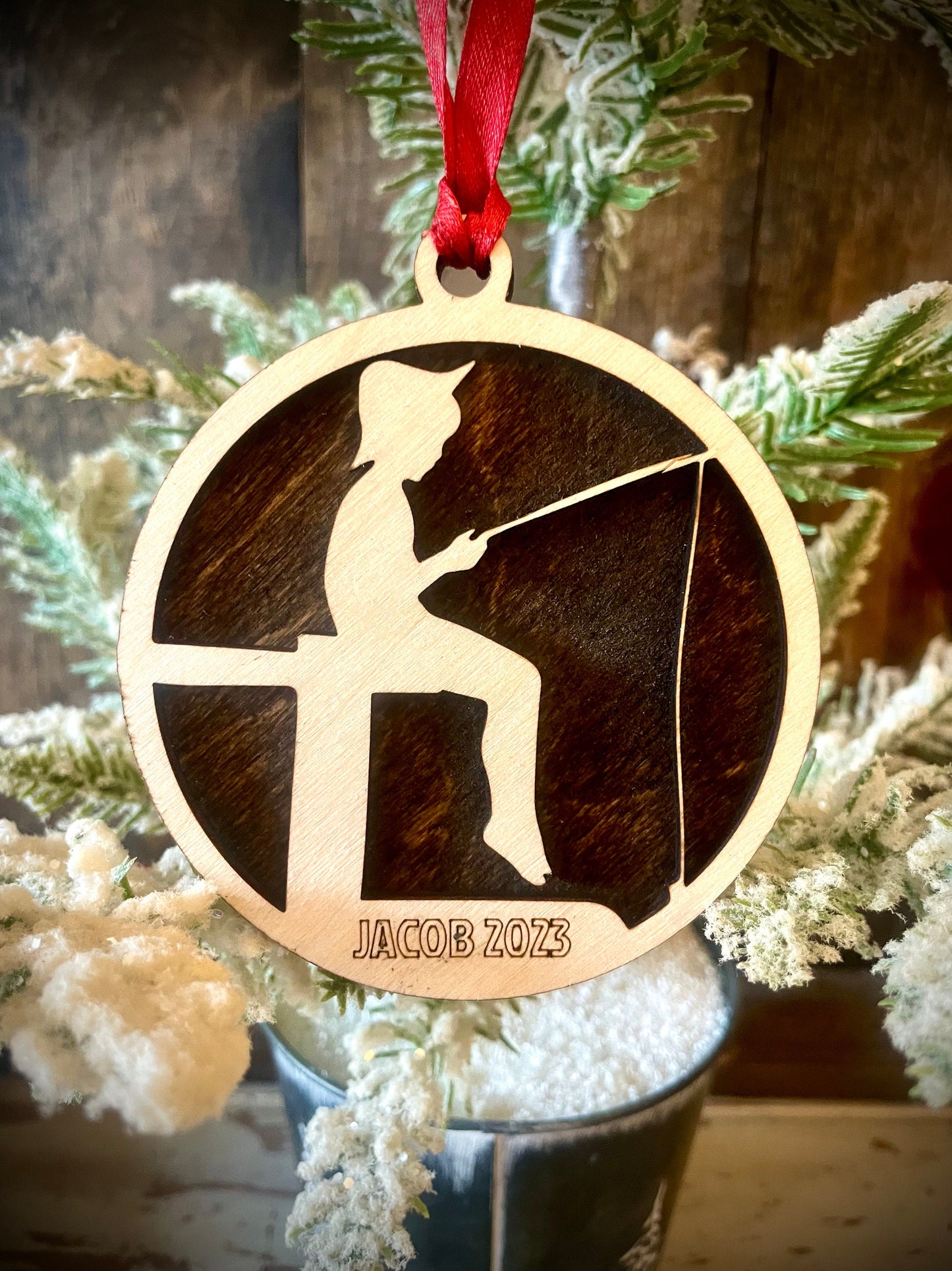 Fishing Little Boy Personalized 2-Layer Wood Christmas Ornament & Gift Tag | Multiple Finishes | Fishing Gift (#1)