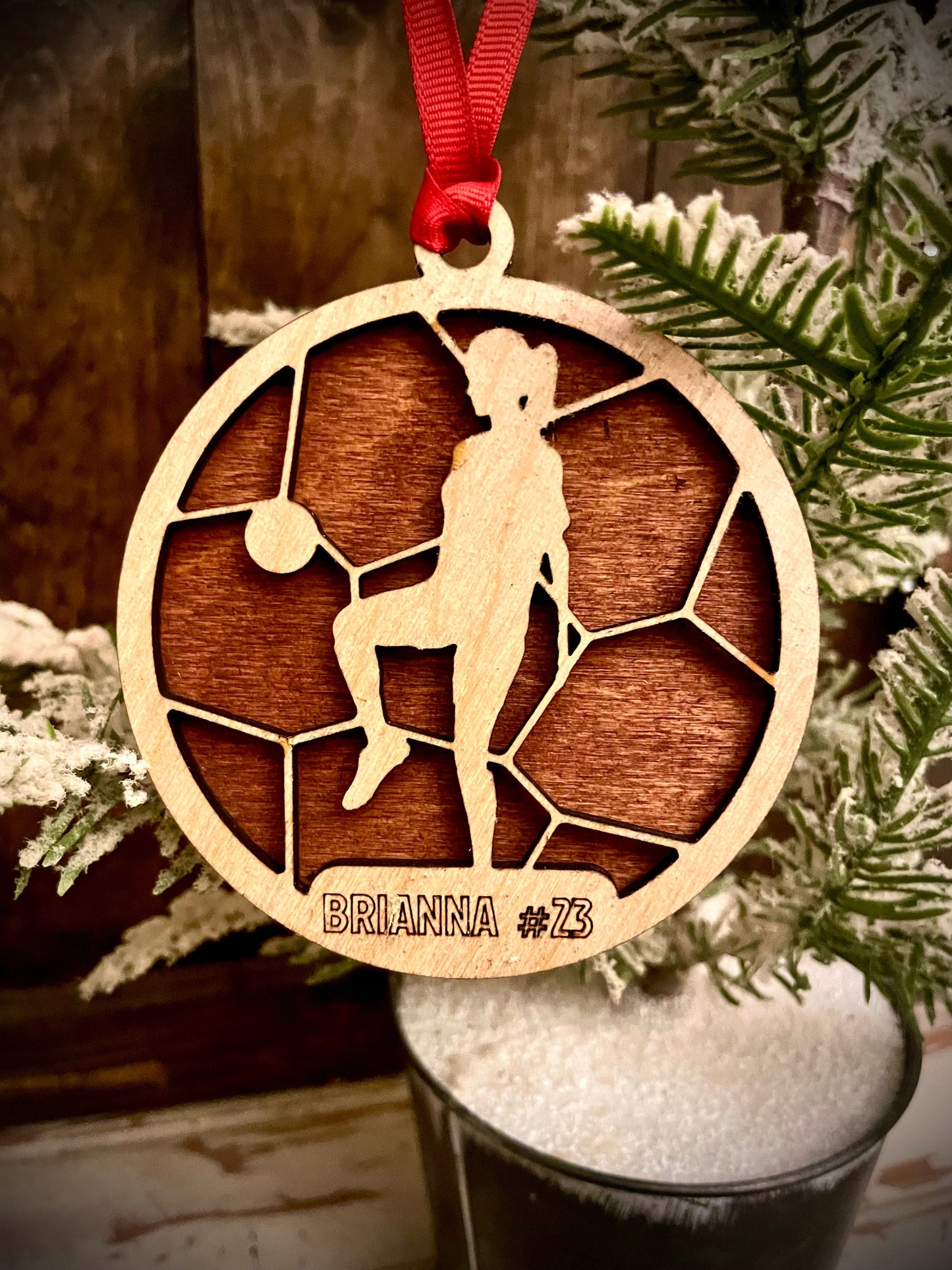Female Soccer Player Personalized 2-Layer Wood Christmas Ornament & Gift Tag | Multiple Finishes | Soccer Gift (#2)