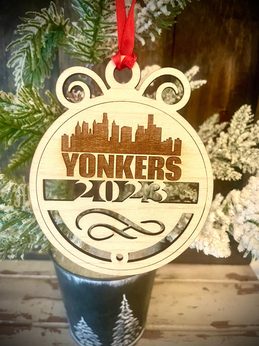 Yonkers Skyline Wood Ornament | Choice of Year | 4" x 4.75" | Travel Souvenir Gift