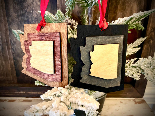 Arizona 3-Layer Stacked Wood Ornament & Gift Tag | Brown & Gray Tones | State Pride Gift