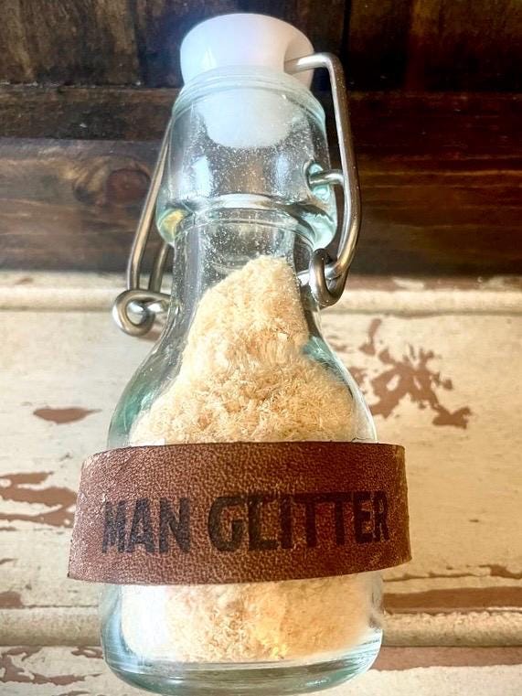 Funny "Man Glitter" Sawdust Bottle | Engraved Leather Label | Father's Day Gift for Dad