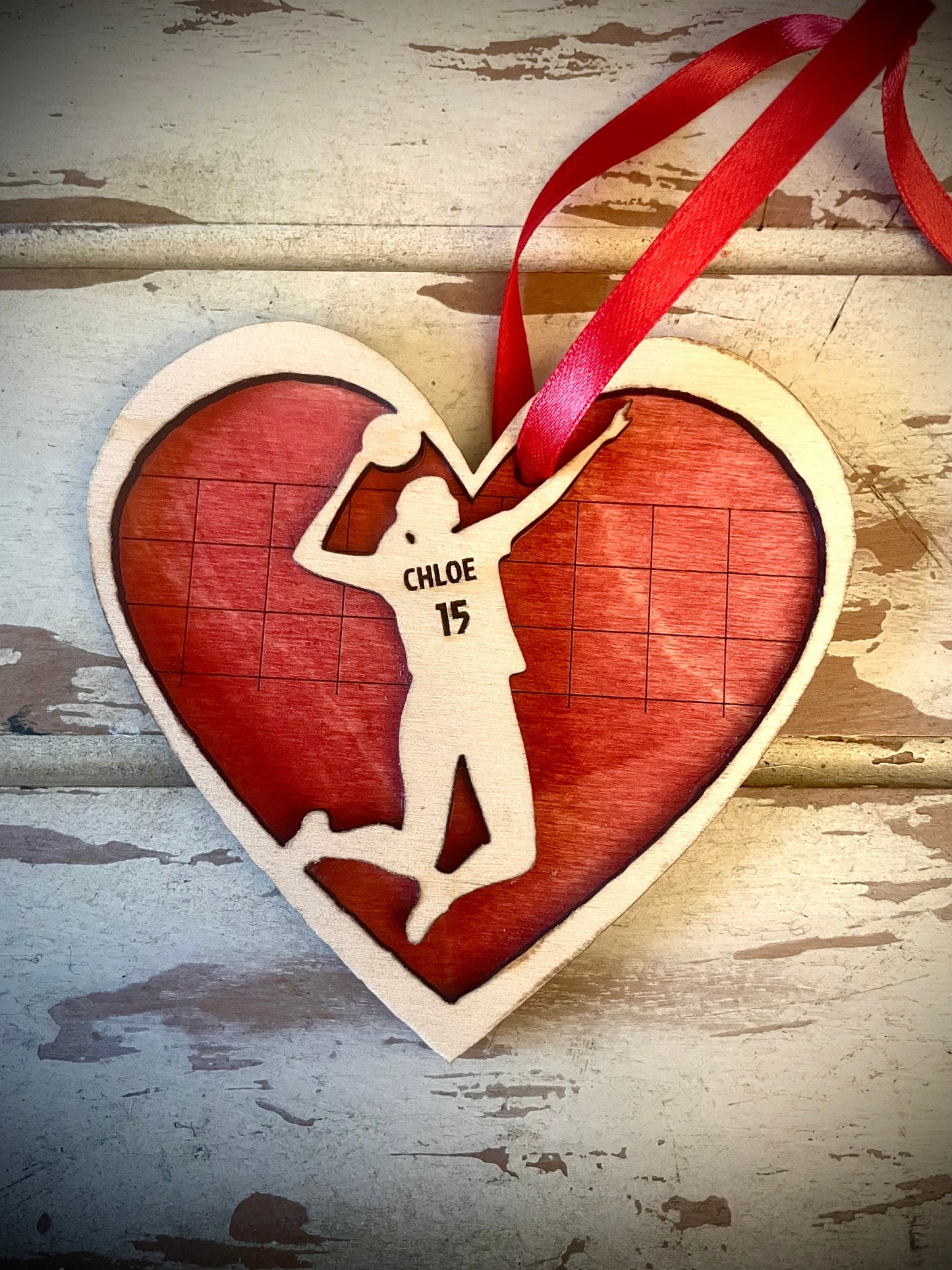 Personalized Female Volleyball Player Valentine Heart Ornament | Engraved Name & Number