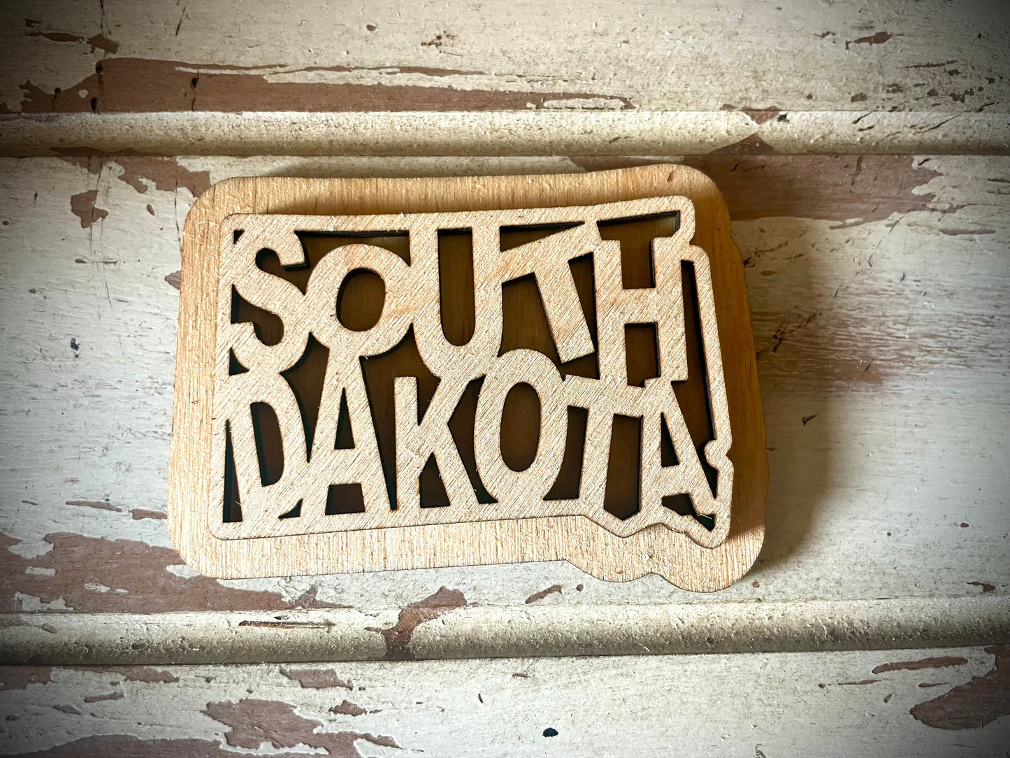 South Dakota Word Art 2-Layer Wood Refrigerator Magnet | 12 Finishes | State Pride Gift