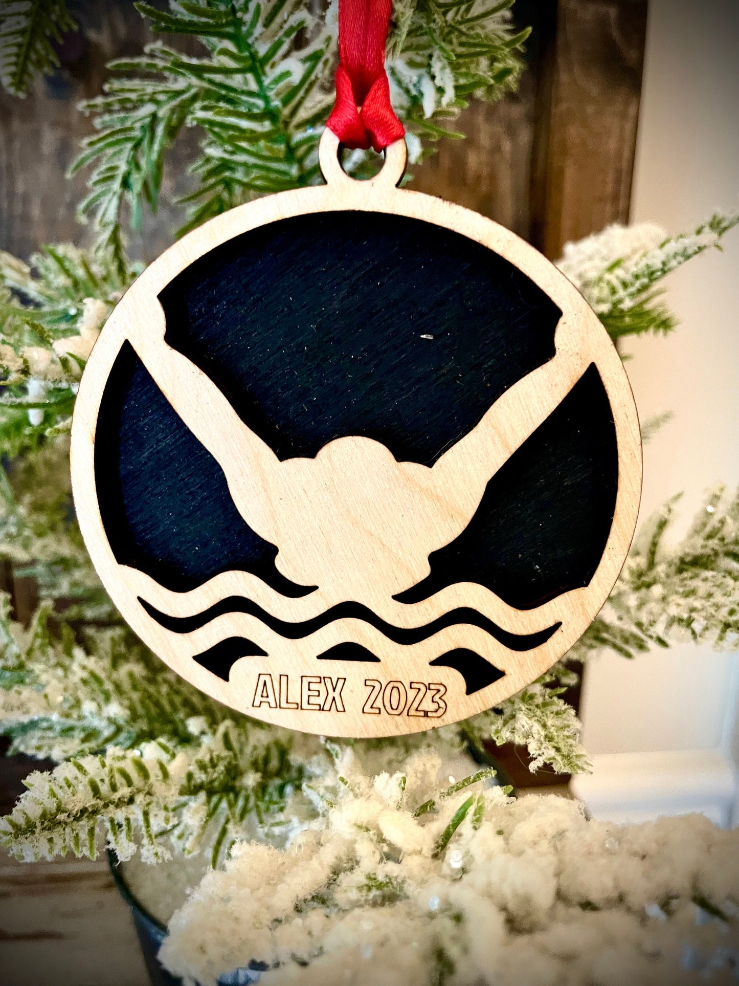 Swimmer Personalized 2-Layer Wood Christmas Ornament & Gift Tag | Multiple Finishes | Swimming Gift (#1)