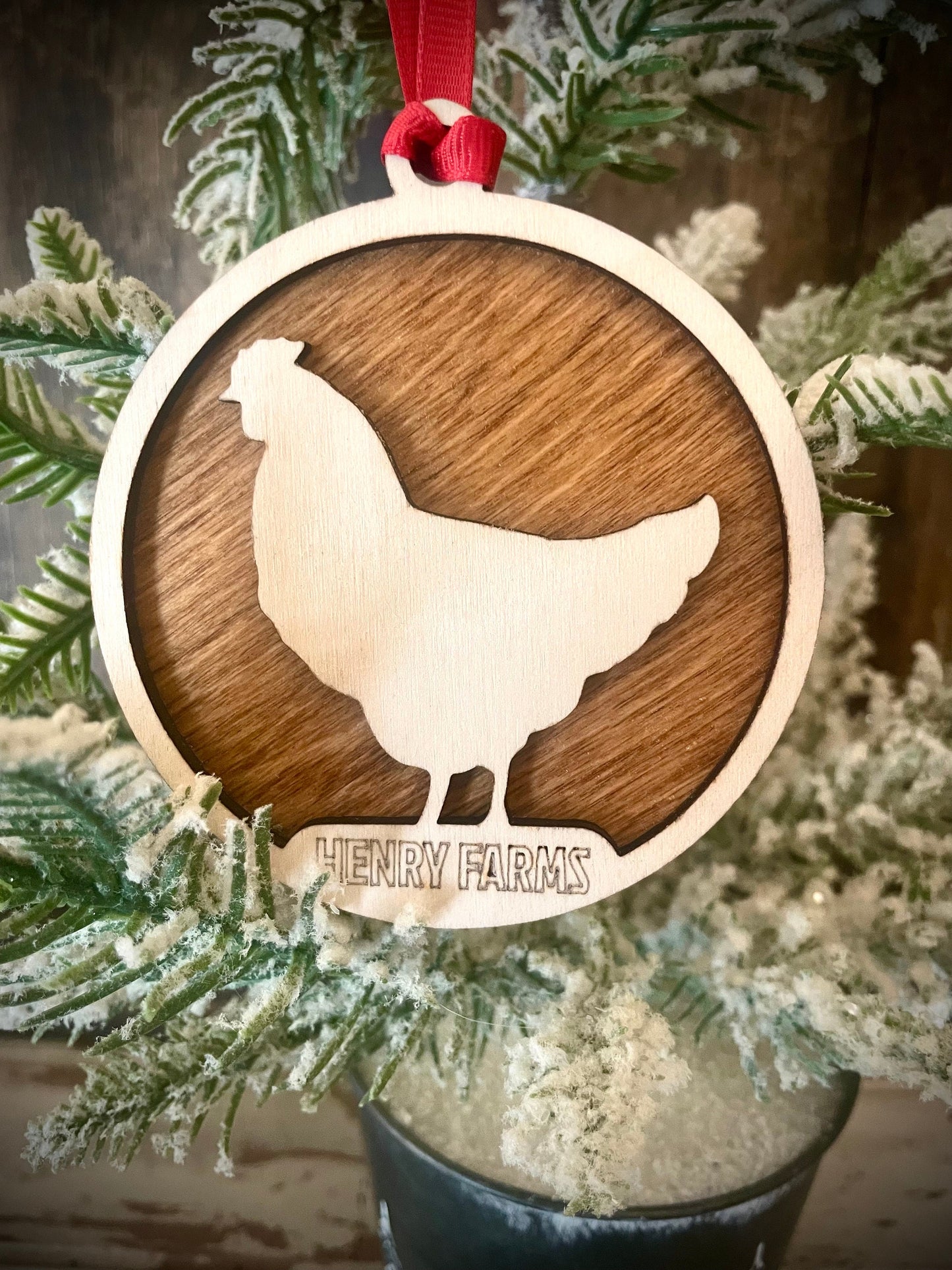 Chicken Rooster Farm Personalized 2-Layer Wood Christmas Ornament & Gift Tag | Multiple Finishes | Farming Gift