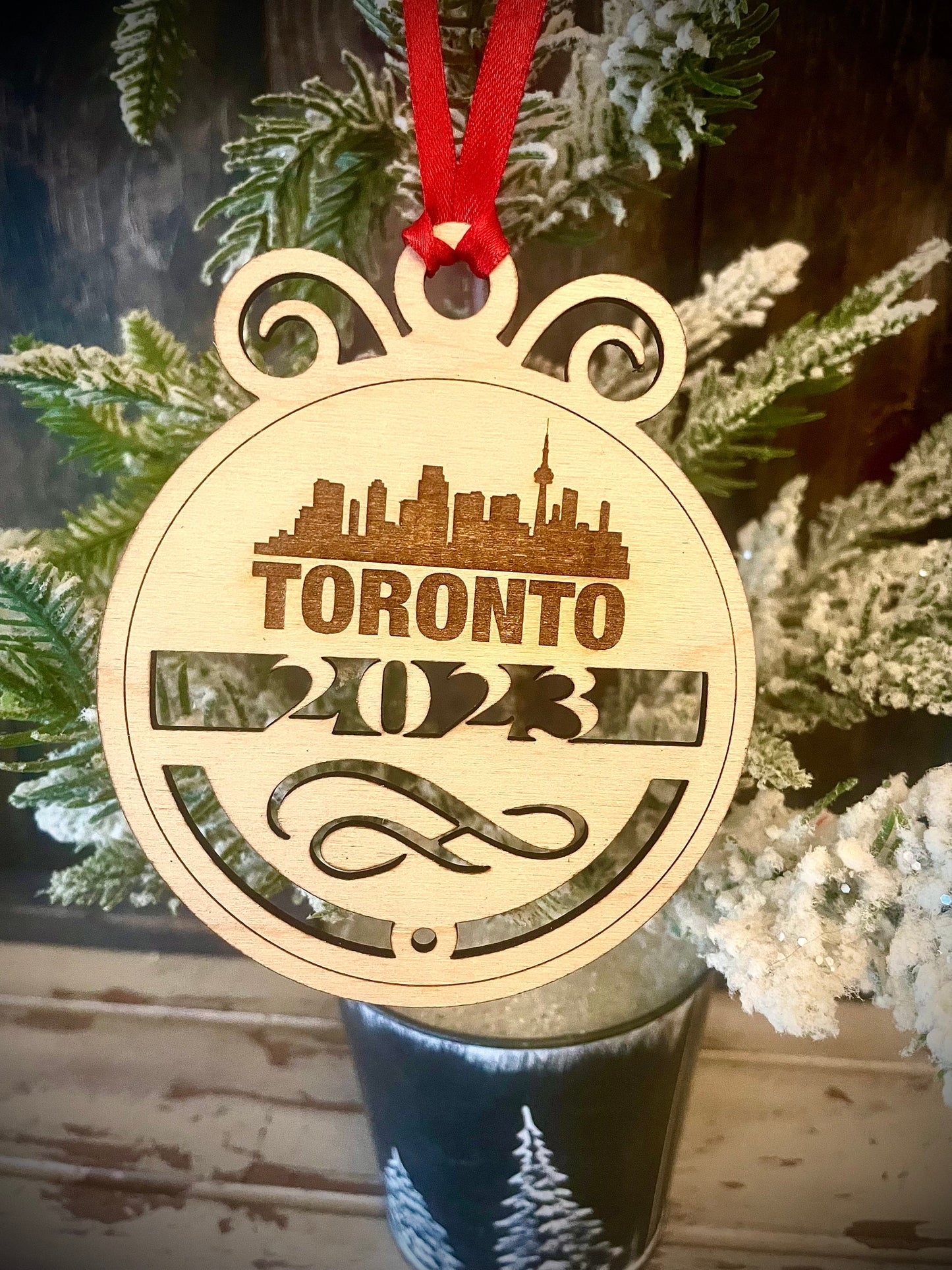 Toronto Skyline Wood Ornament | Choice of Year | 4" x 4.75" | Travel Souvenir Gift