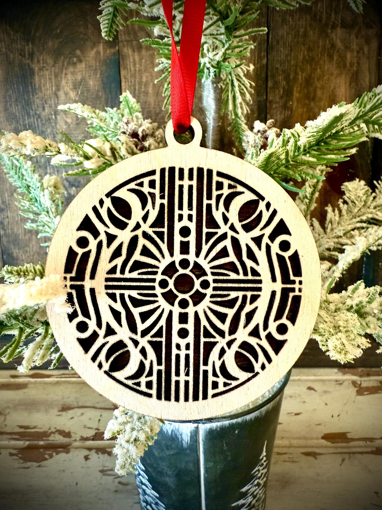 Art Deco Geometric Personalized 2-Layer Wood Christmas Ornament & Gift Tag | Multiple Finishes | Boho Holiday Gift