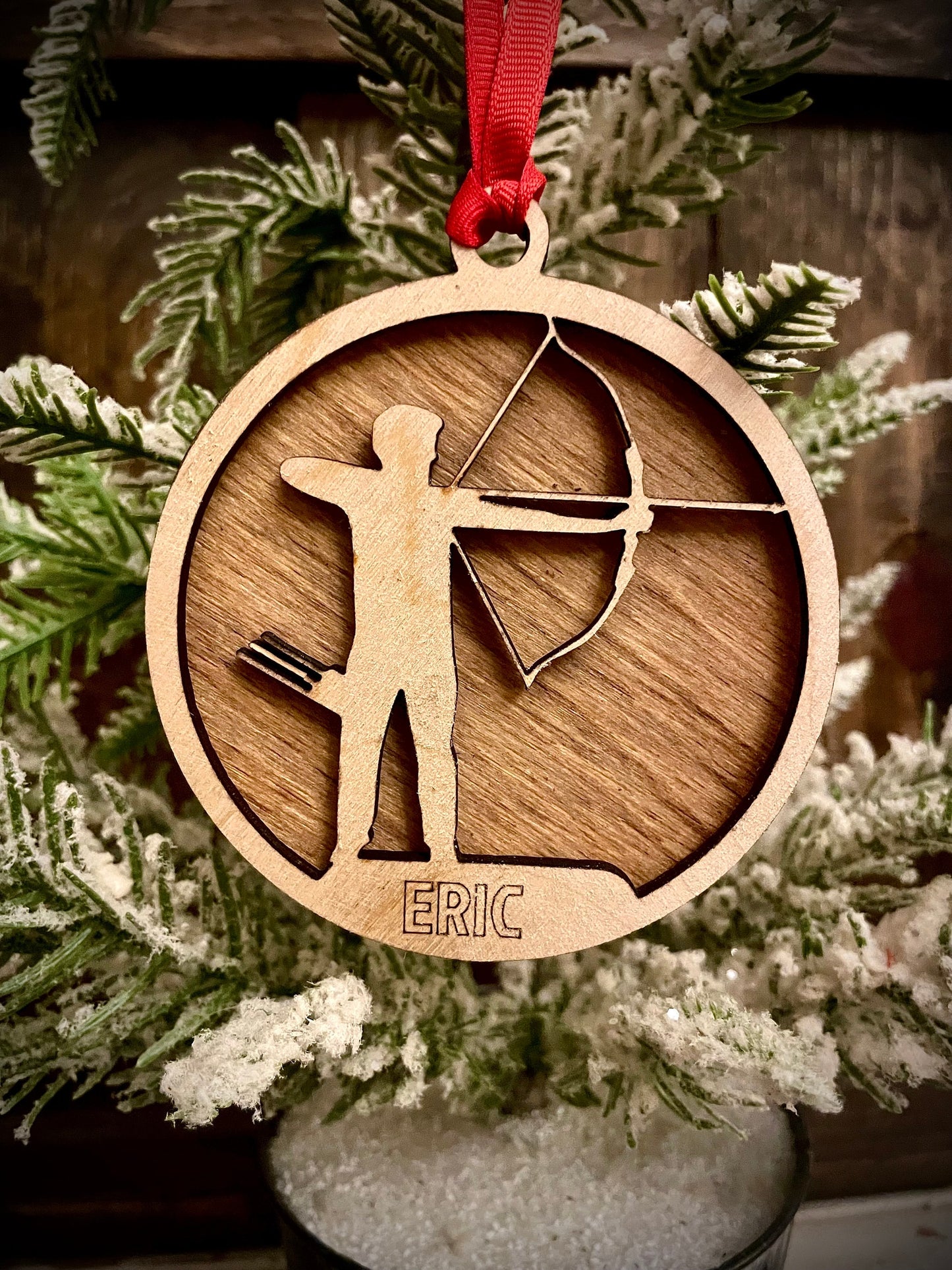 Male Archer Bow & Arrow Personalized 2-Layer Wood Christmas Ornament & Gift Tag | Multiple Finishes | Archery Gift