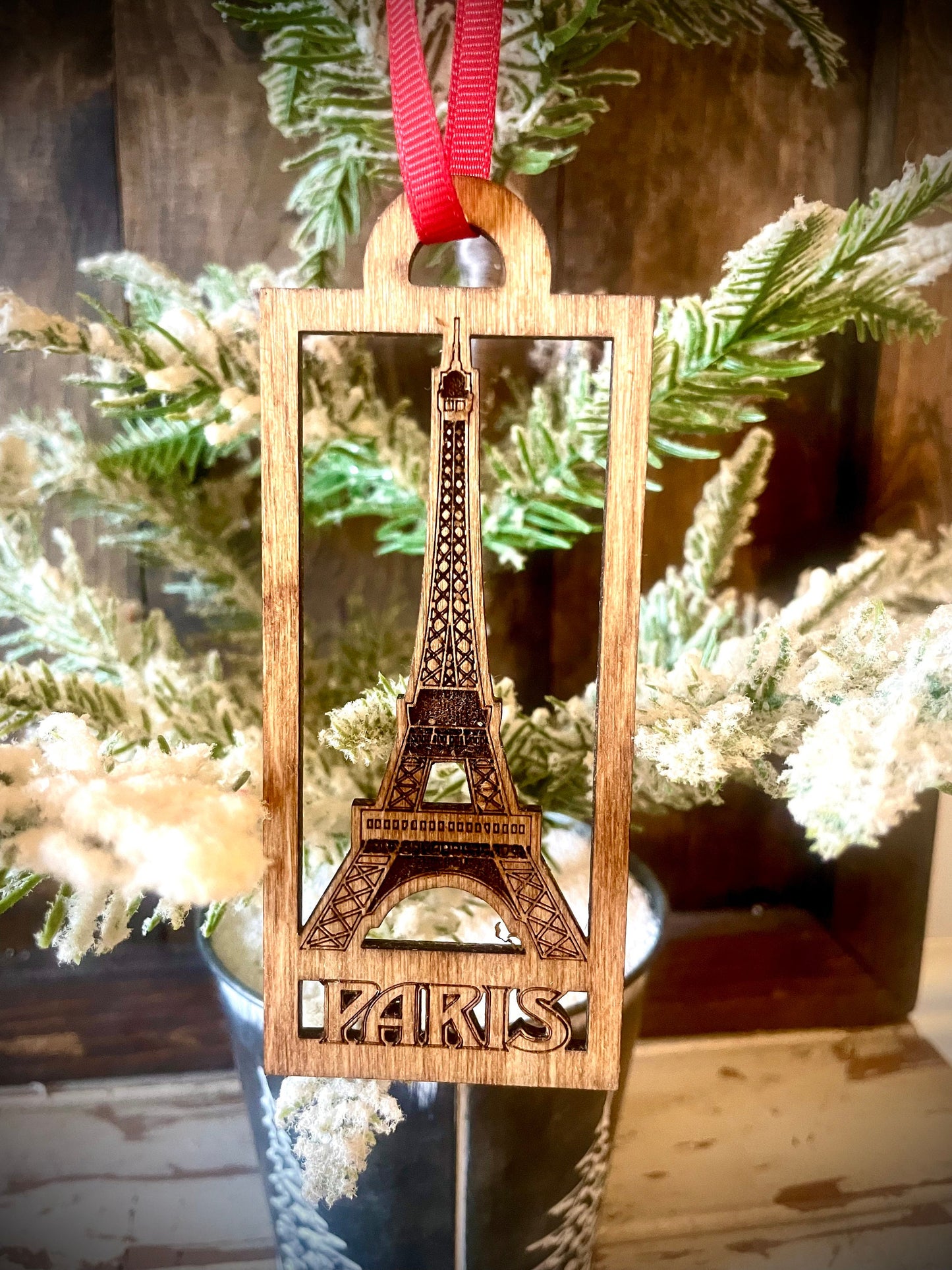 Paris Eiffel Tower Wood Christmas Ornament | Multiple Finishes | Travel Souvenir Gift