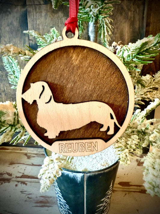 Wire Haired Dachshund Personalized 2-Layer Wood Christmas Ornament & Gift Tag | Multiple Finishes | Dog Lover Gift