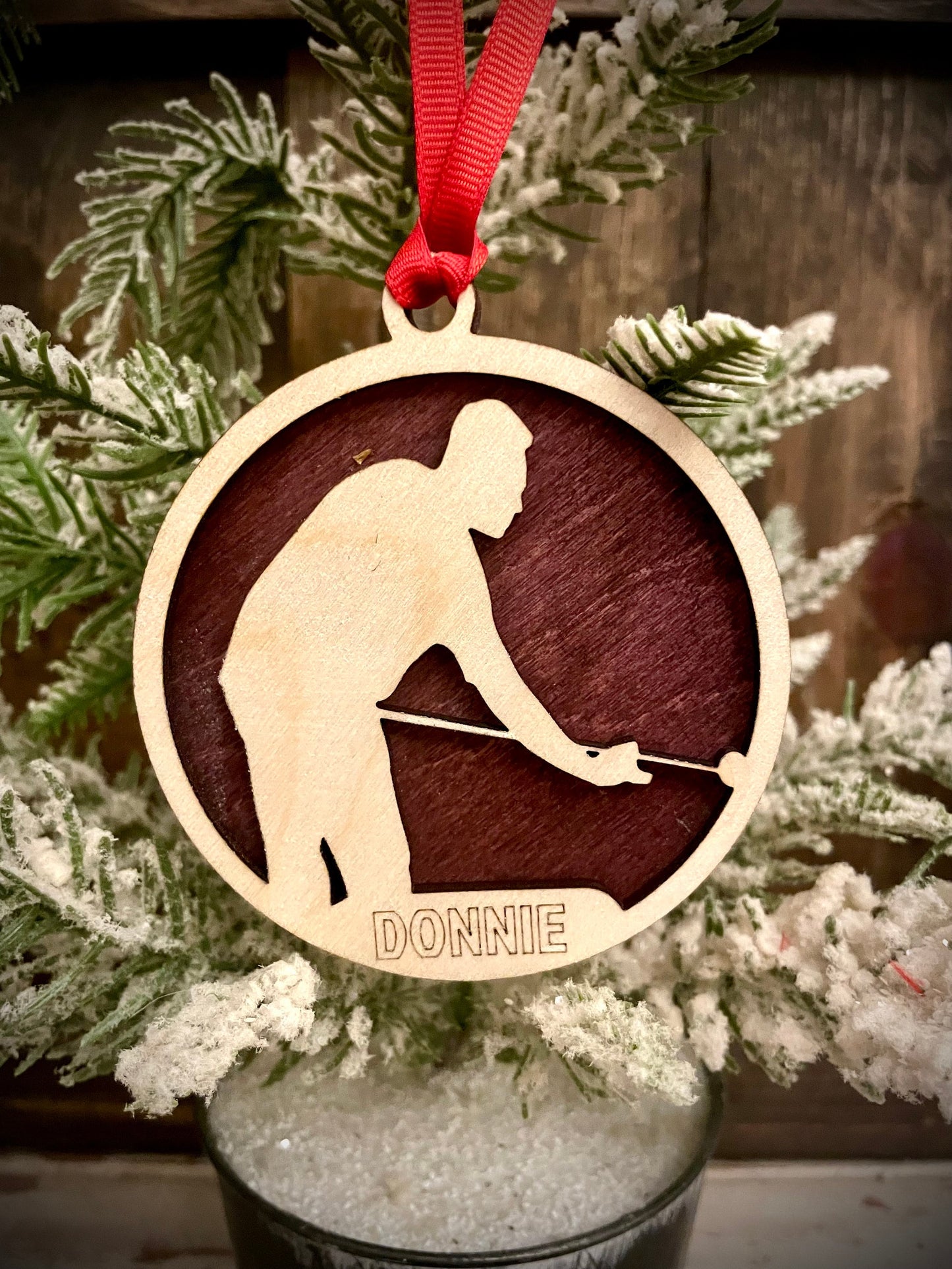 Male Pool Player Billiards Personalized 2-Layer Wood Christmas Ornament & Gift Tag | Multiple Finishes | Billiards Gift