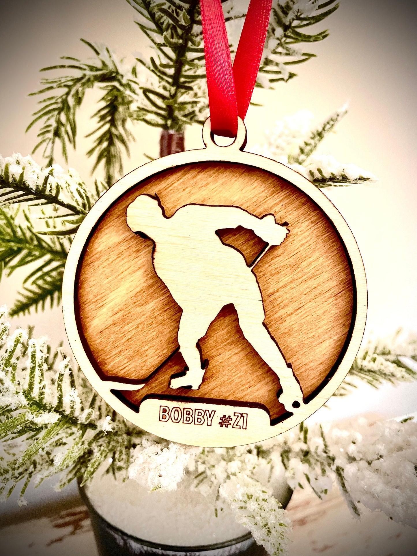 Hockey Player Skater Personalized 2-Layer Wood Christmas Ornament & Gift Tag | Multiple Finishes | Hockey Gift (#6)