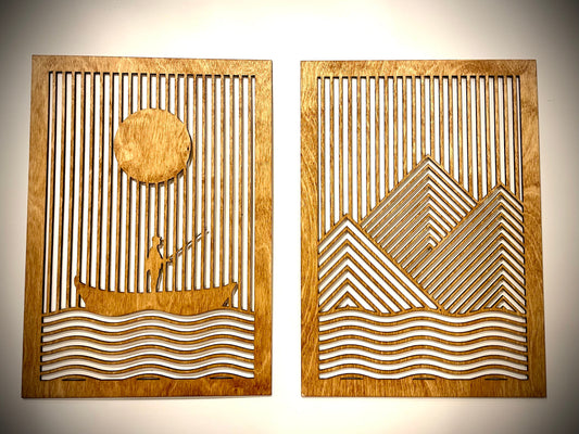 Boho Modern Lake Life Landscape Wood Wall Art | Man in Boat | 2-Panel Set | Multiple Sizes & Finishes