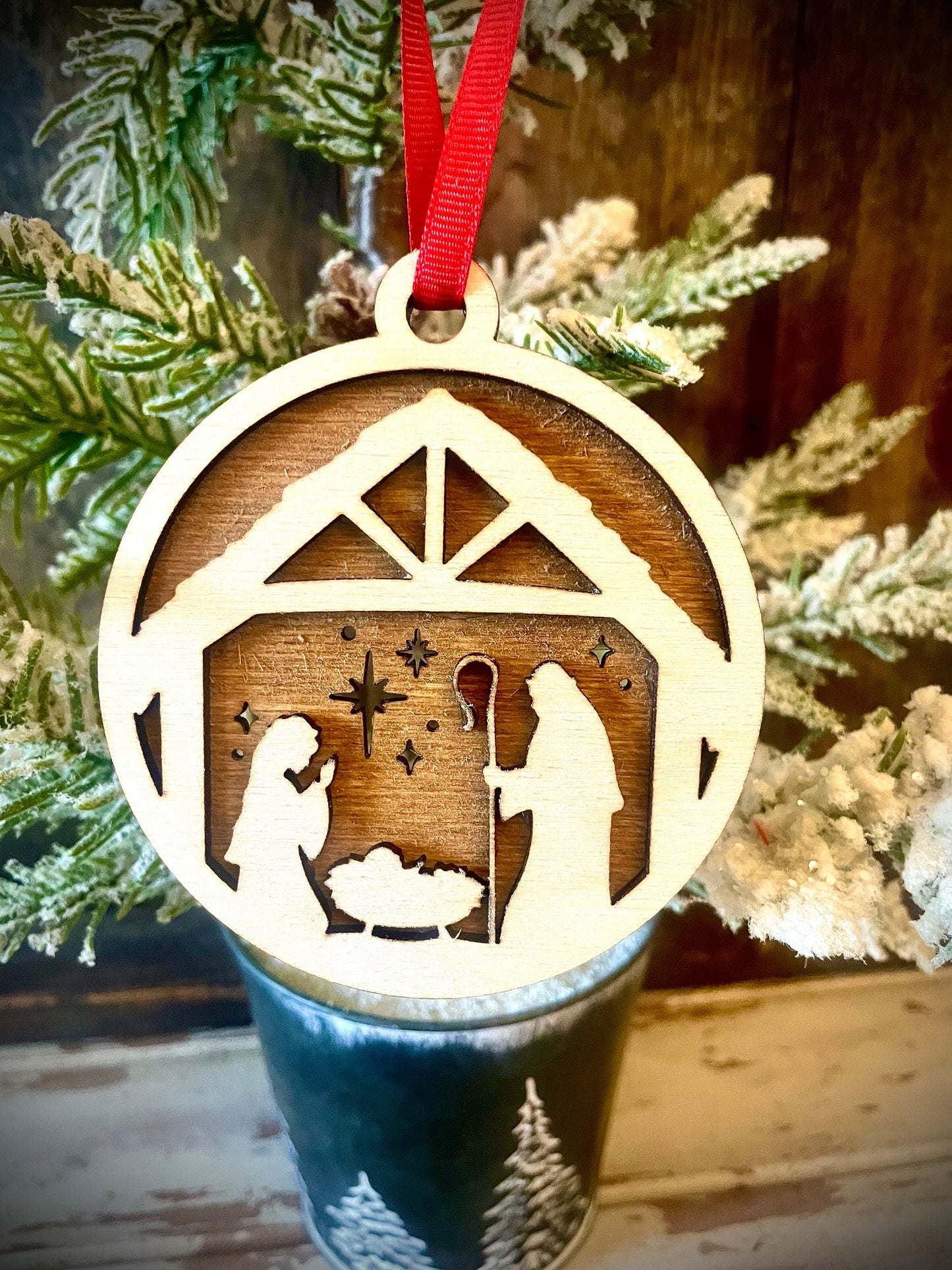 Nativity Scene 2-Layer Wood Christmas Ornament & Gift Tag | Multiple Finishes | Religious Gift