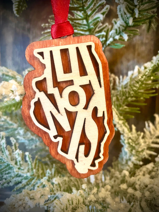 Illinois Word Art Wood Ornament & Gift Tag | 12 Finishes | State Pride Gift