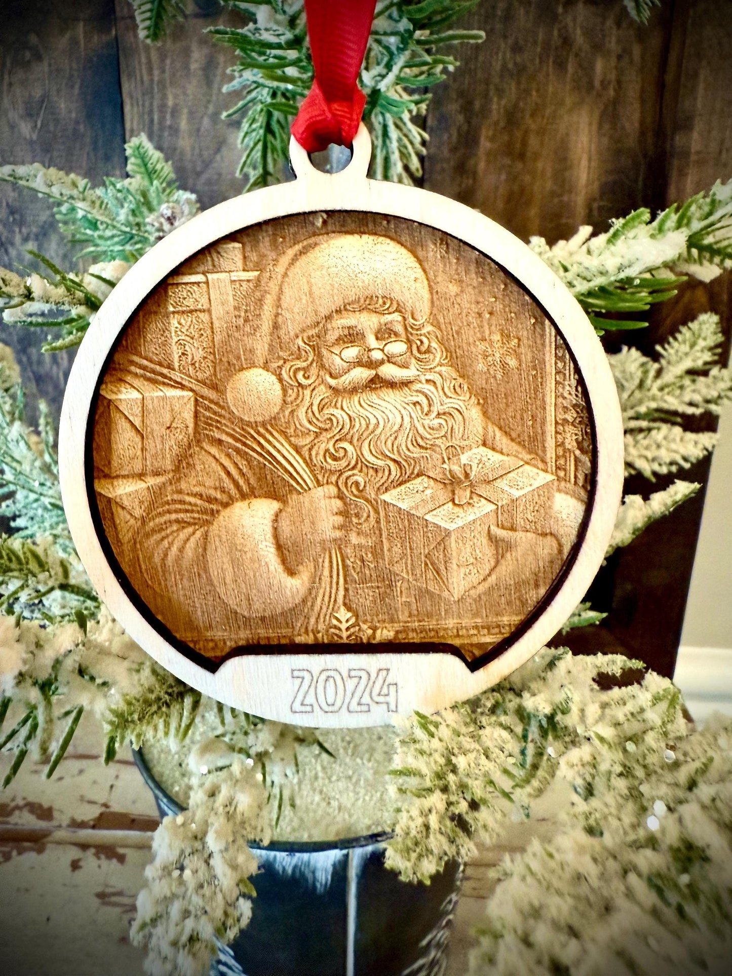 Old Fashioned Santa Claus 3D Relief with Gift Personalized 2-Layer Wood Christmas Ornament & Gift Tag
