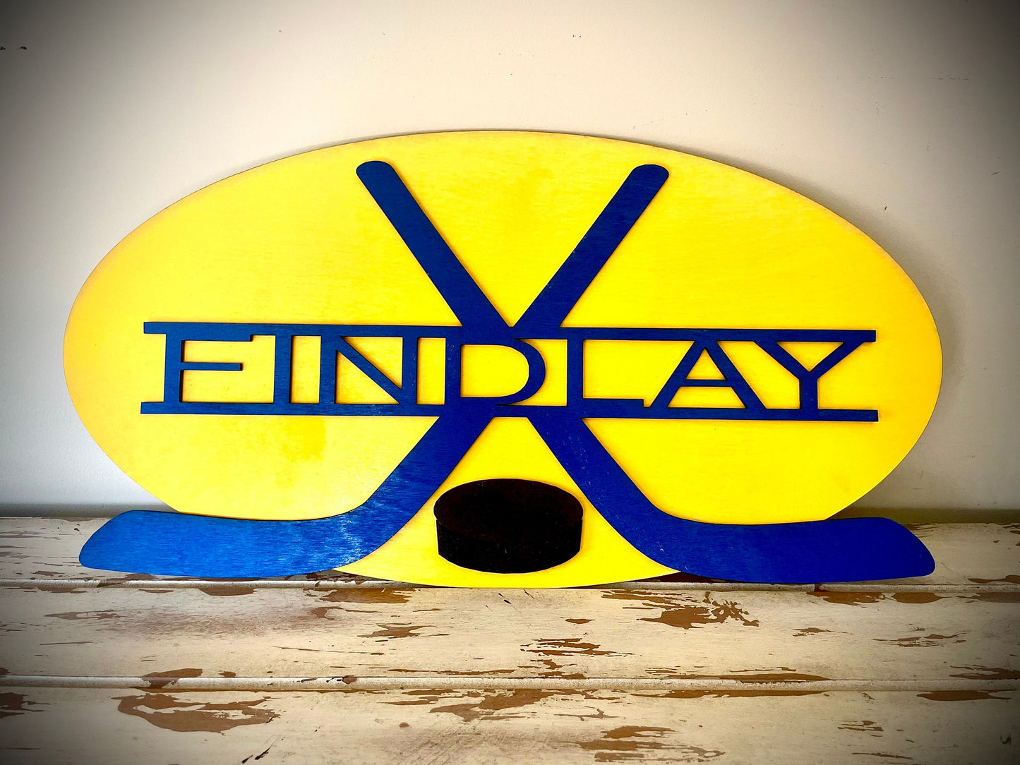 Personalized Hockey Stick & Puck Wood Sign | Team Colors, Name & Number