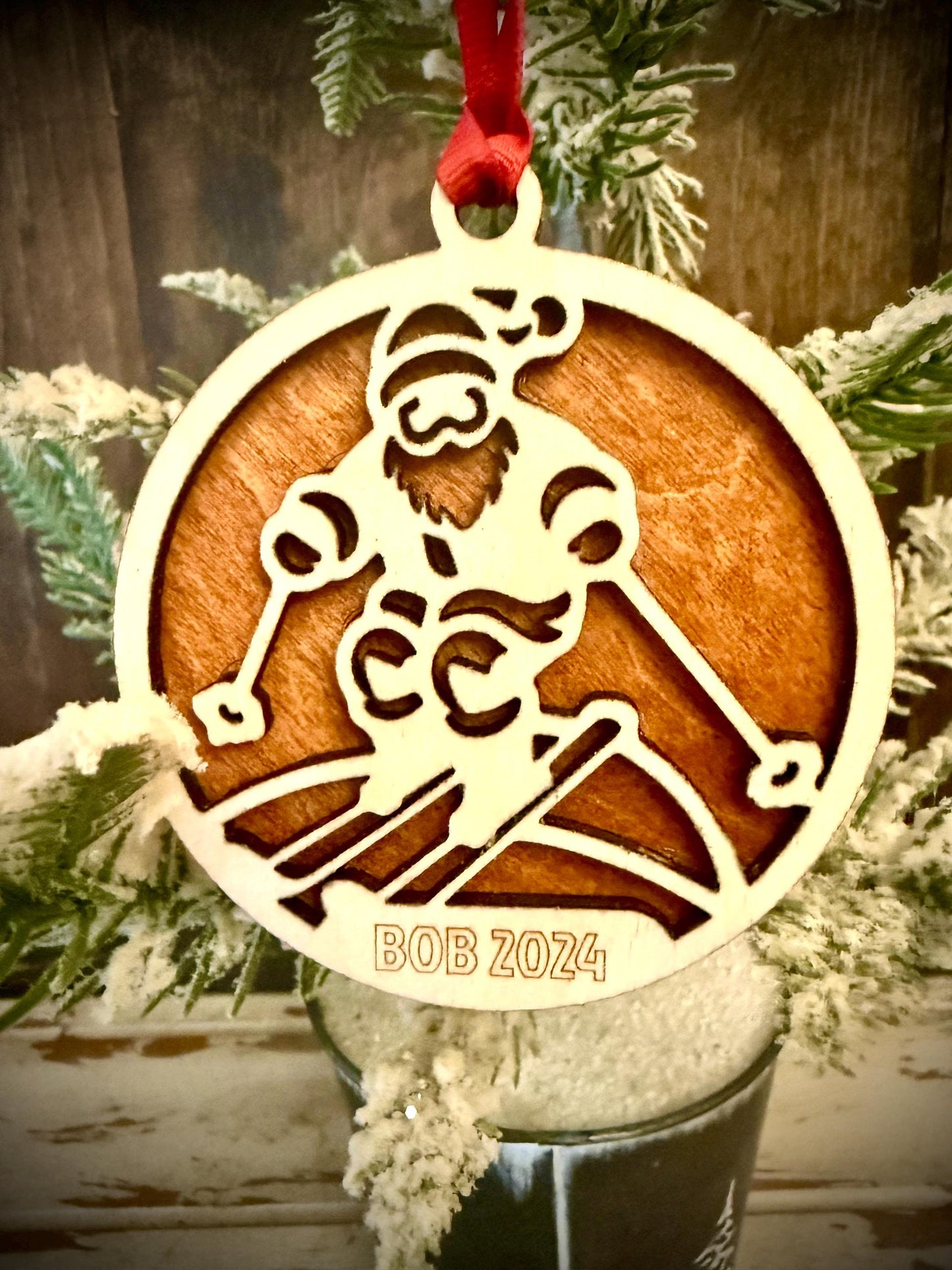 Santa Skiing Personalized 2-Layer Wood Christmas Ornament & Gift Tag | Multiple Finishes | Skiing Gift