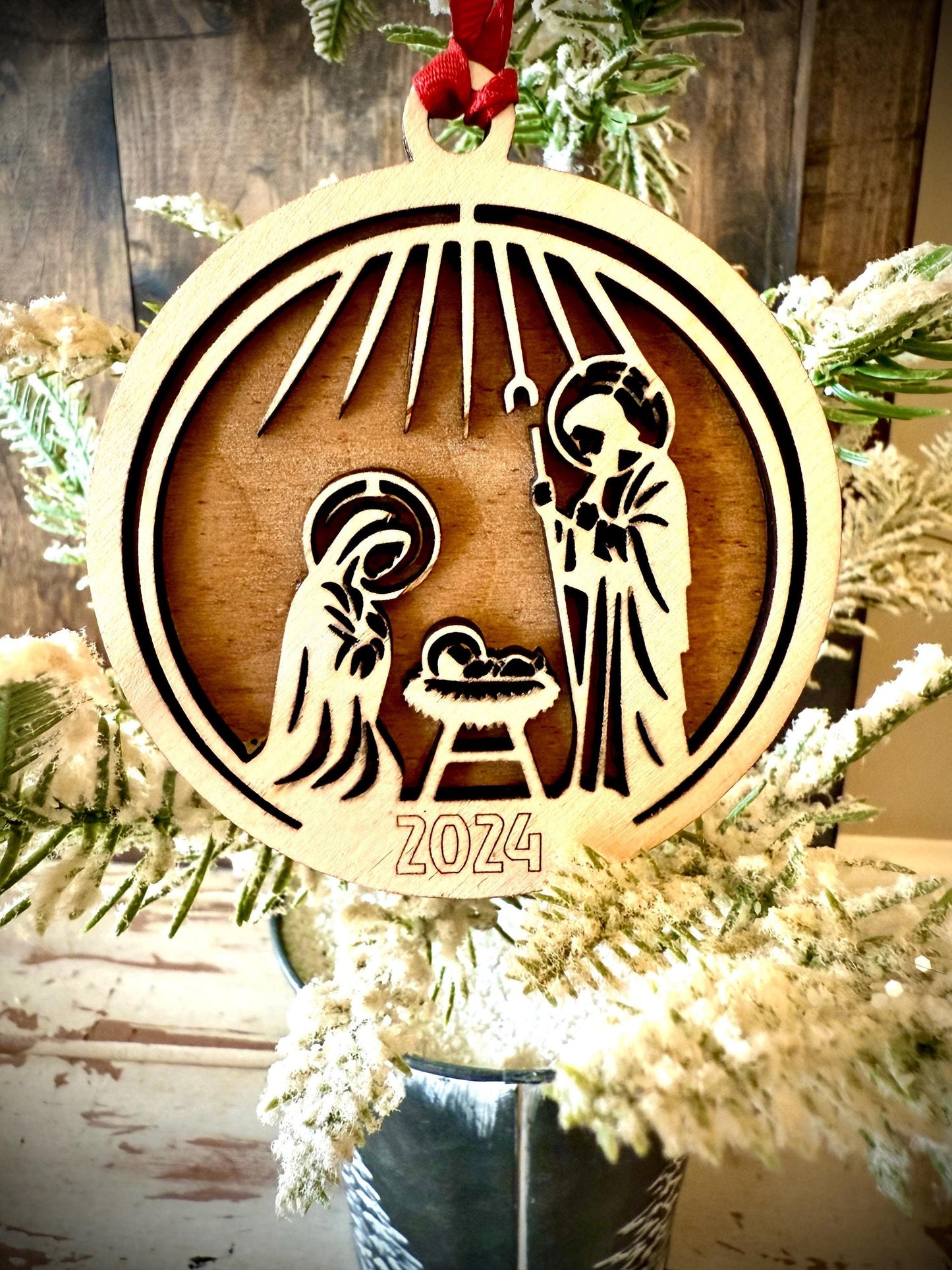 Manger scene Nativity Baby Jesus, Mary, & Joseph 2-layer laser cut wood Christmas ornament, gift tag available unfinished or stained