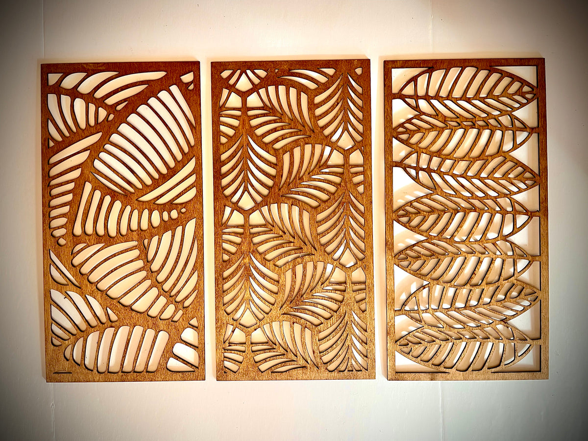 Boho Monstera & Banana Leaf Wood Wall Art 3-Panel Set - front view
