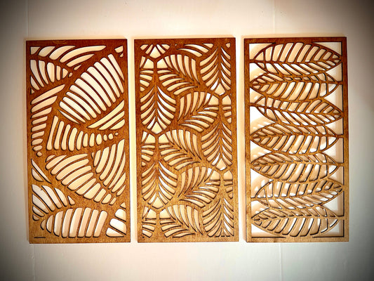 Boho Monstera & Banana Leaf Wood Wall Art 3-Panel Set - front view