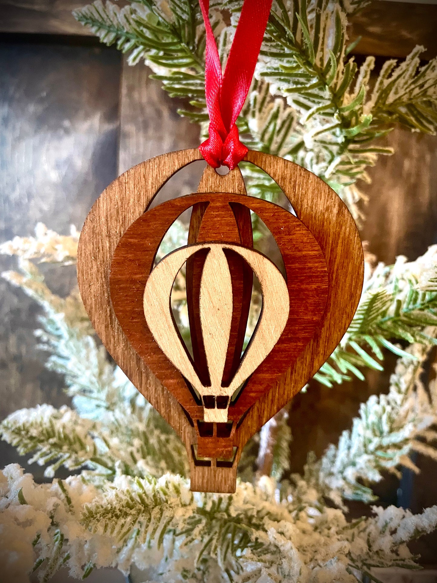 Stacked Hot Air Balloon Wood Ornament & Gift Tag | Brown & Gray Tones | Unique Christmas Gift