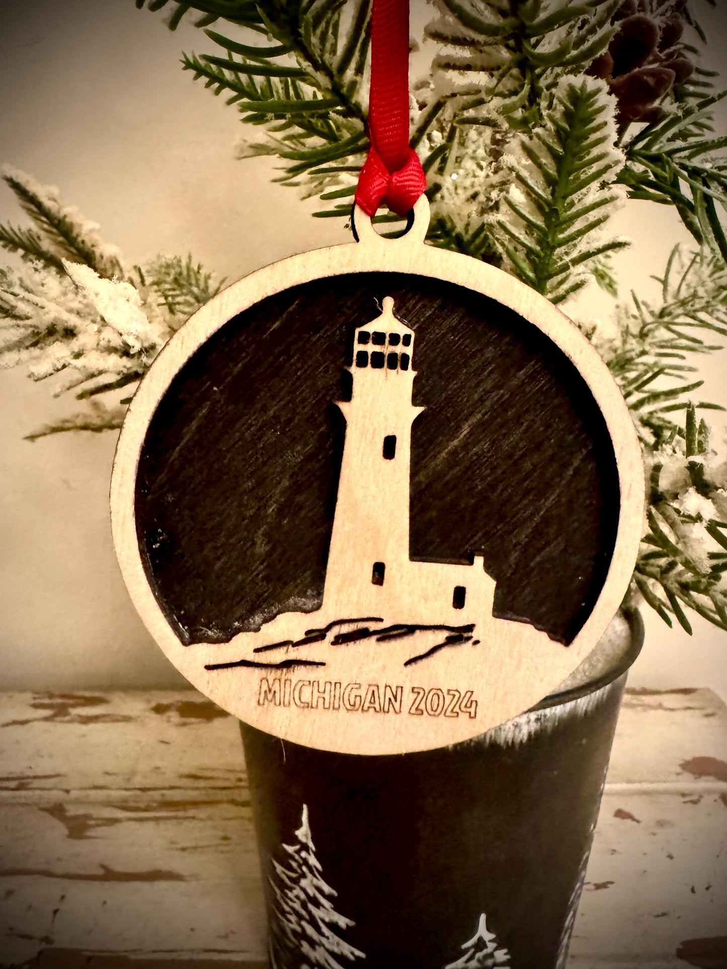 Lighthouse on Rock Island Personalized 2-Layer Wood Christmas Ornament & Gift Tag | Multiple Finishes | Nautical Gift