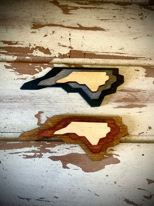 North Carolina 3-Layer Stacked Wood Refrigerator Magnet | Brown & Gray Tones | State Pride Gift
