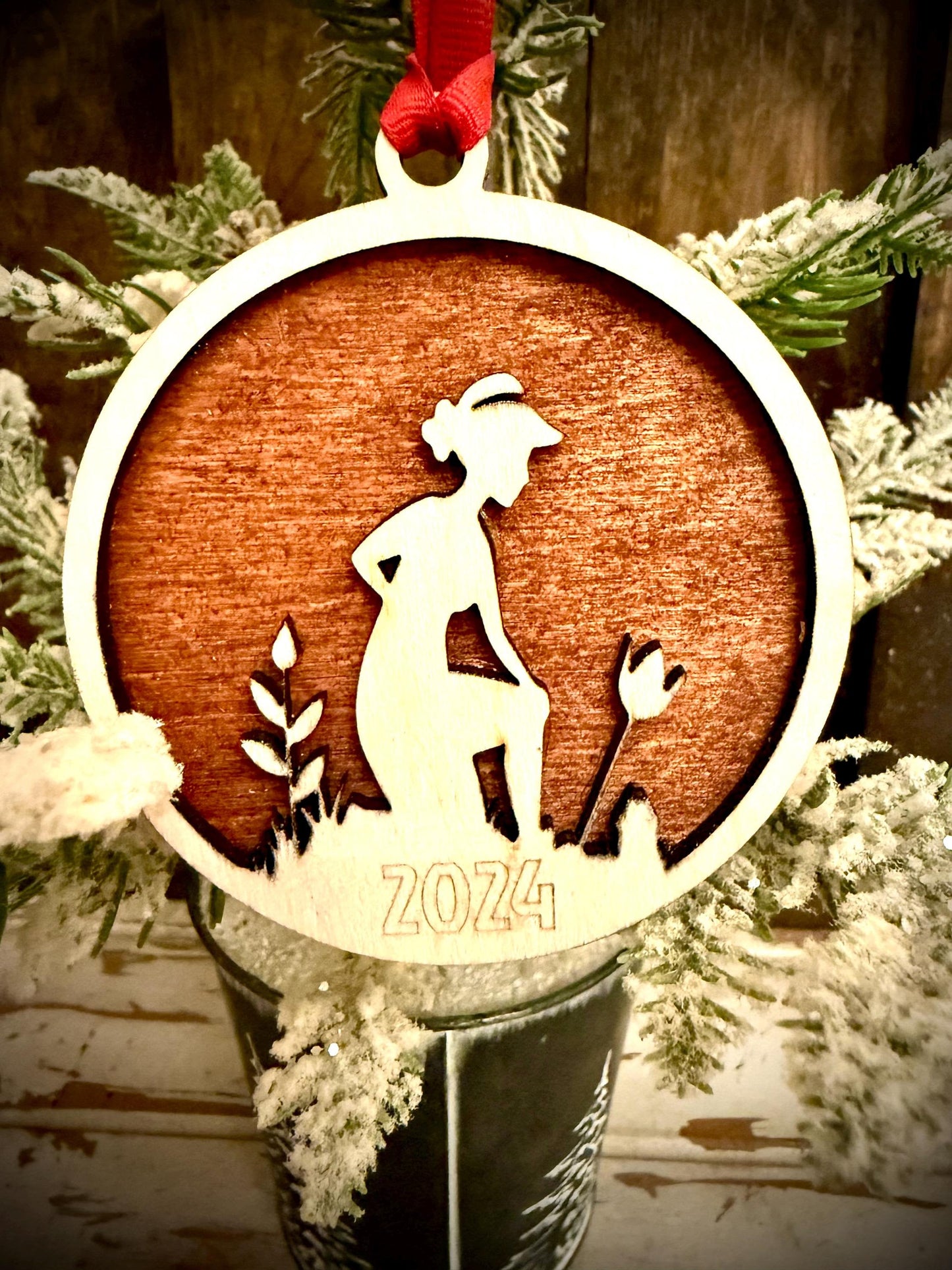 Gardening gardener - female 2 layer personalized laser cut wood Christmas ornament, gift tag available in 12 finishes