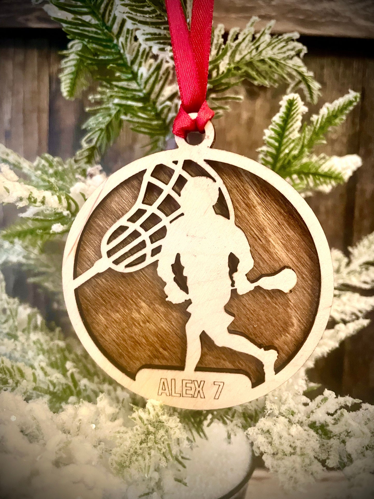Lacrosse Player Personalized 2-Layer Wood Christmas Ornament & Gift Tag | Multiple Finishes | Lacrosse Gift (#14)