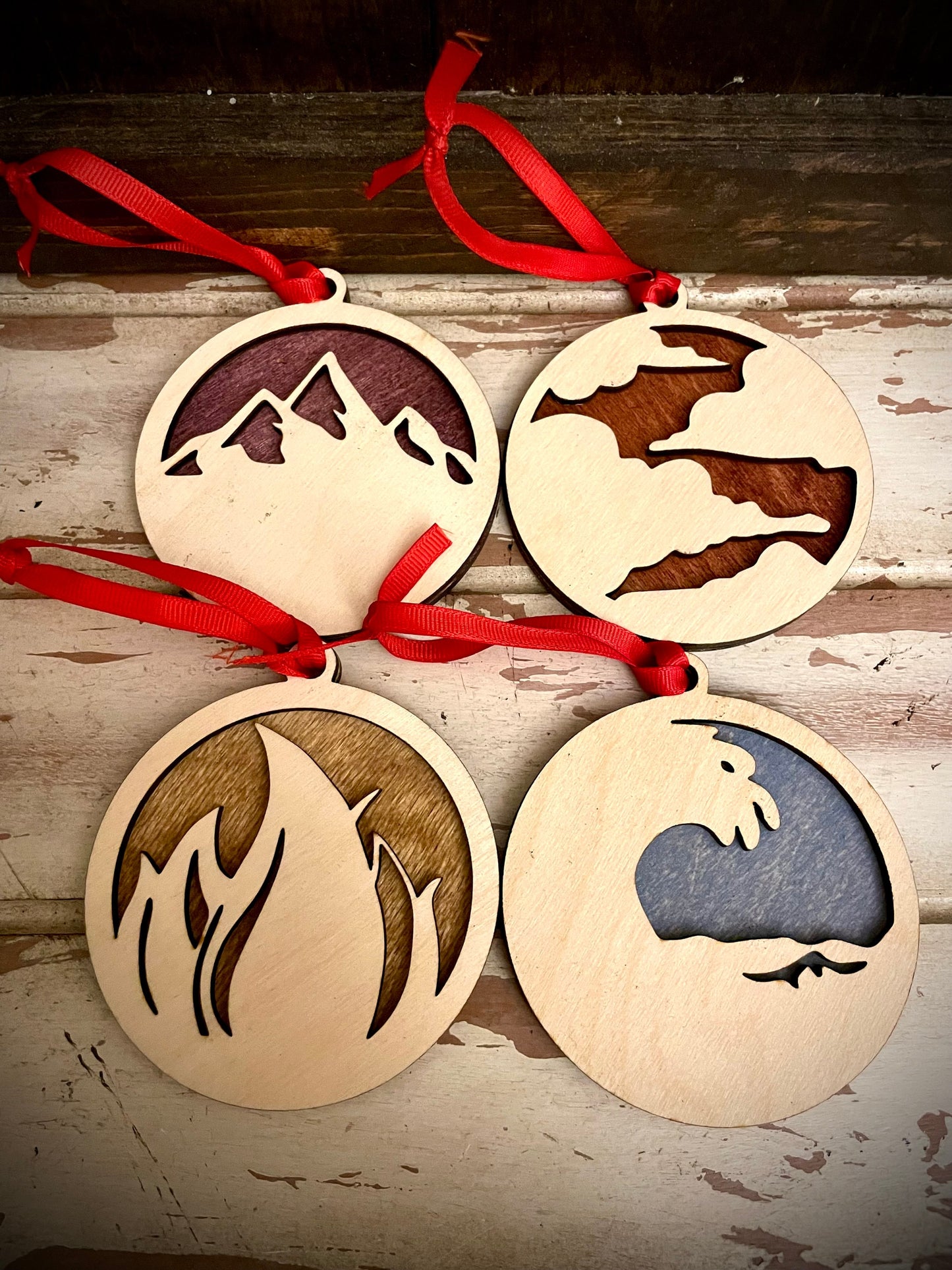 4 Elements Earth Wind Fire Water 2-Layer Wood Christmas Ornament & Gift Tag | Multiple Finishes | Elemental Gift