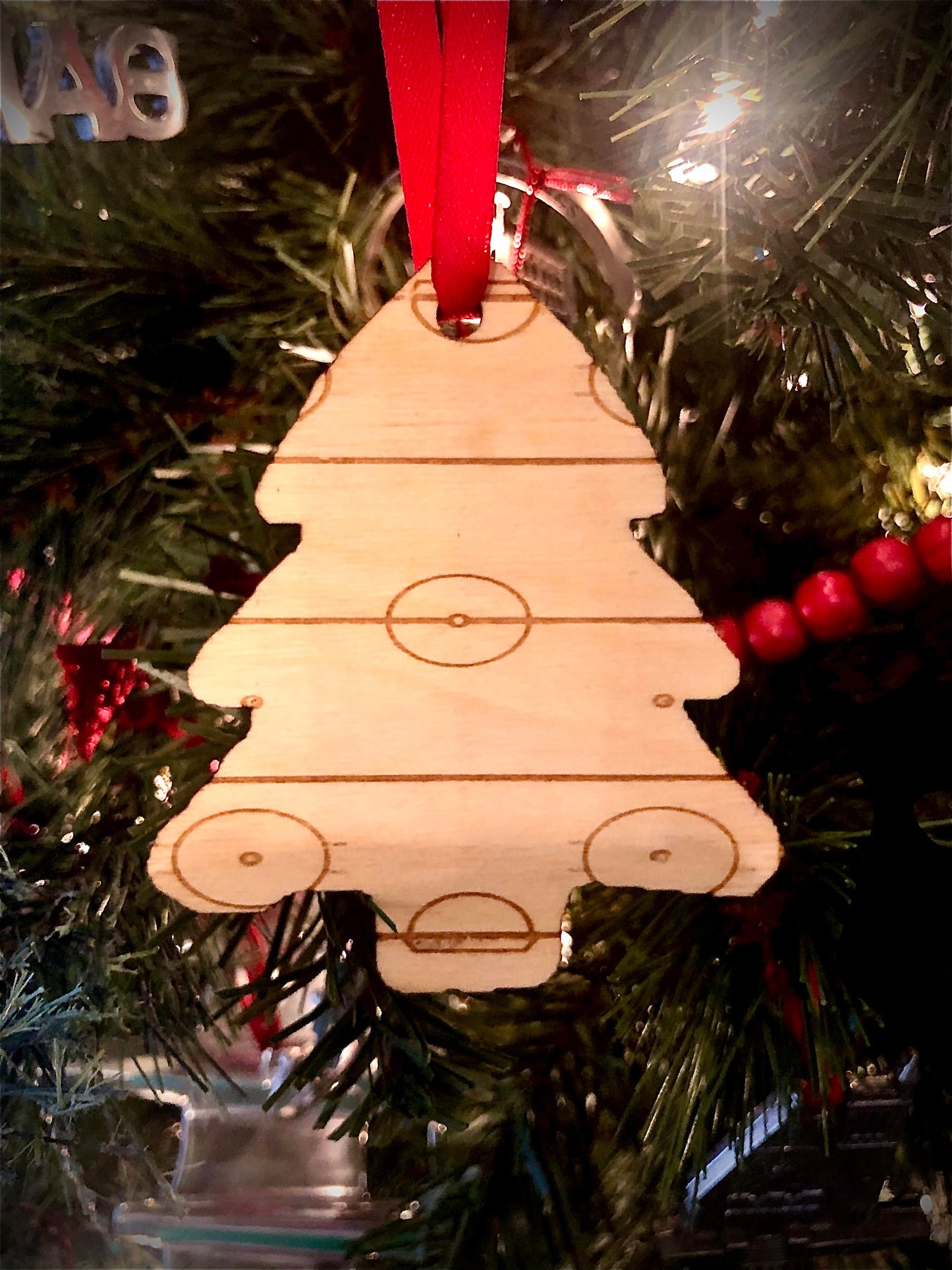 Hockey Rink on Christmas Tree Wood Ornament & Gift Tag | Hockey Gift | Coach Gift
