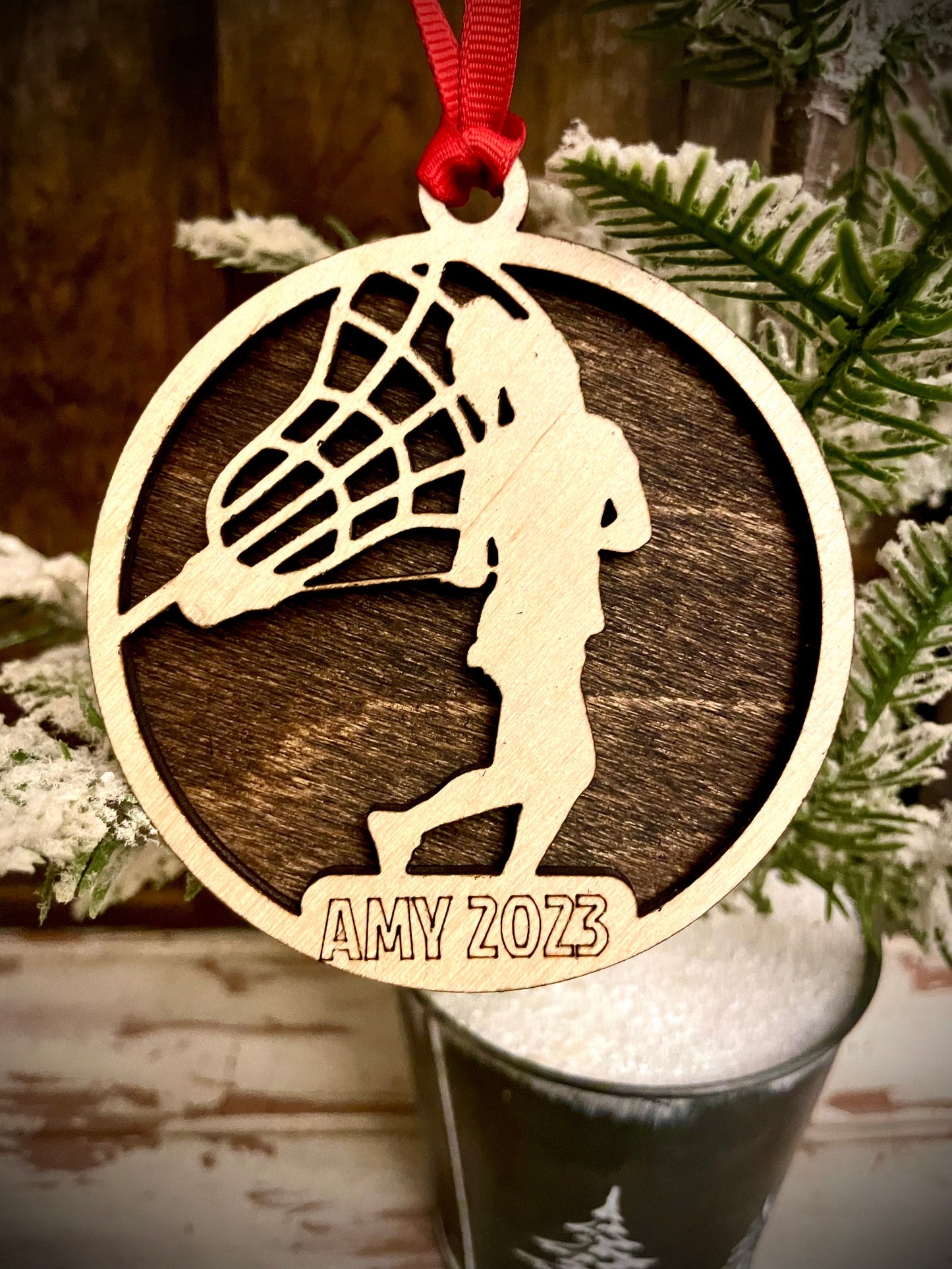 Female Lacrosse Player Personalized 2-Layer Wood Christmas Ornament & Gift Tag | Multiple Finishes | Lacrosse Gift