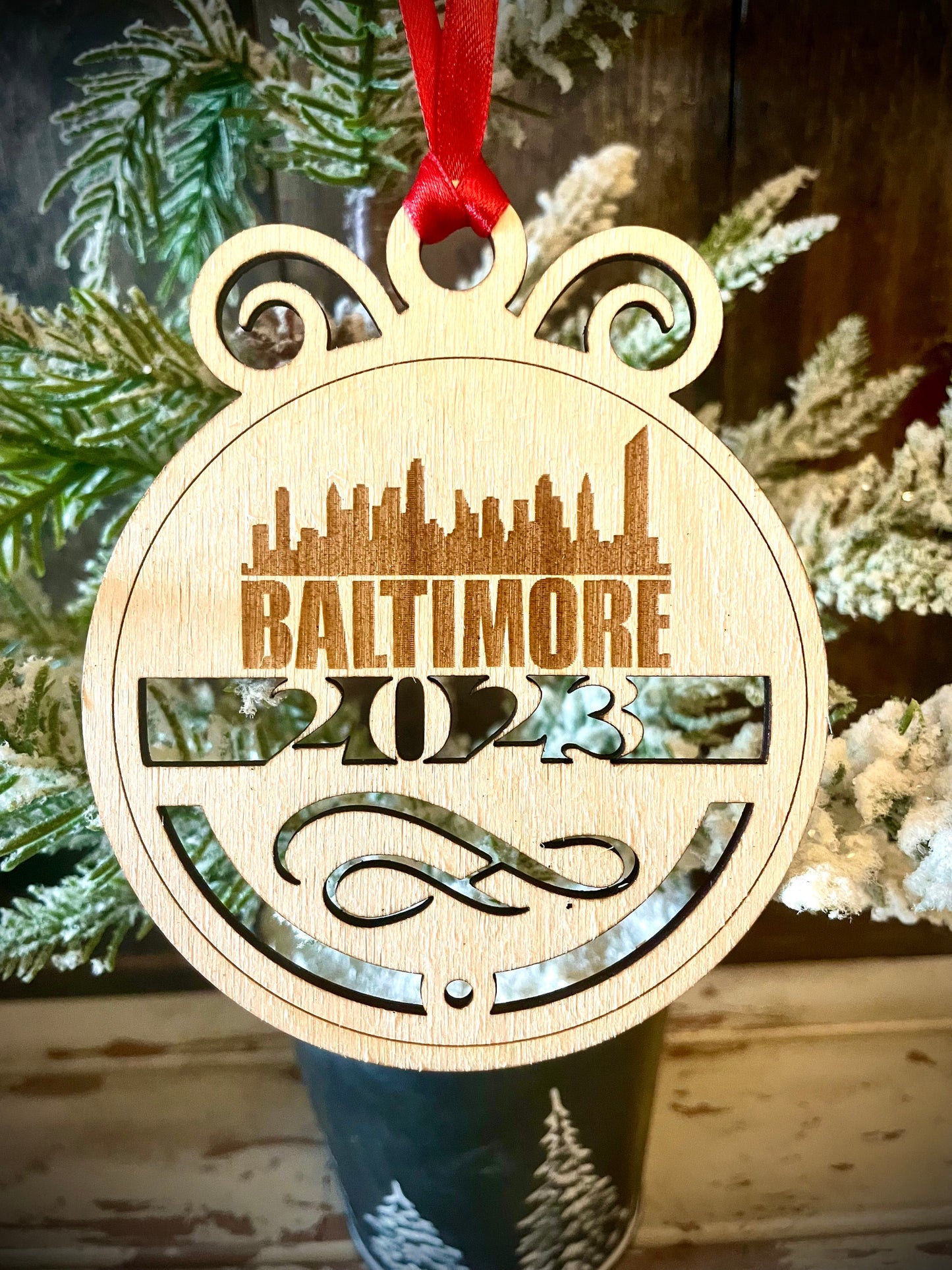 Baltimore Skyline Wood Ornament | Choice of Year | 4" x 4.75" | Travel Souvenir Gift