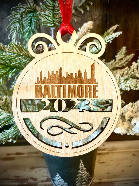Baltimore Skyline Wood Ornament | Choice of Year | 4" x 4.75" | Travel Souvenir Gift