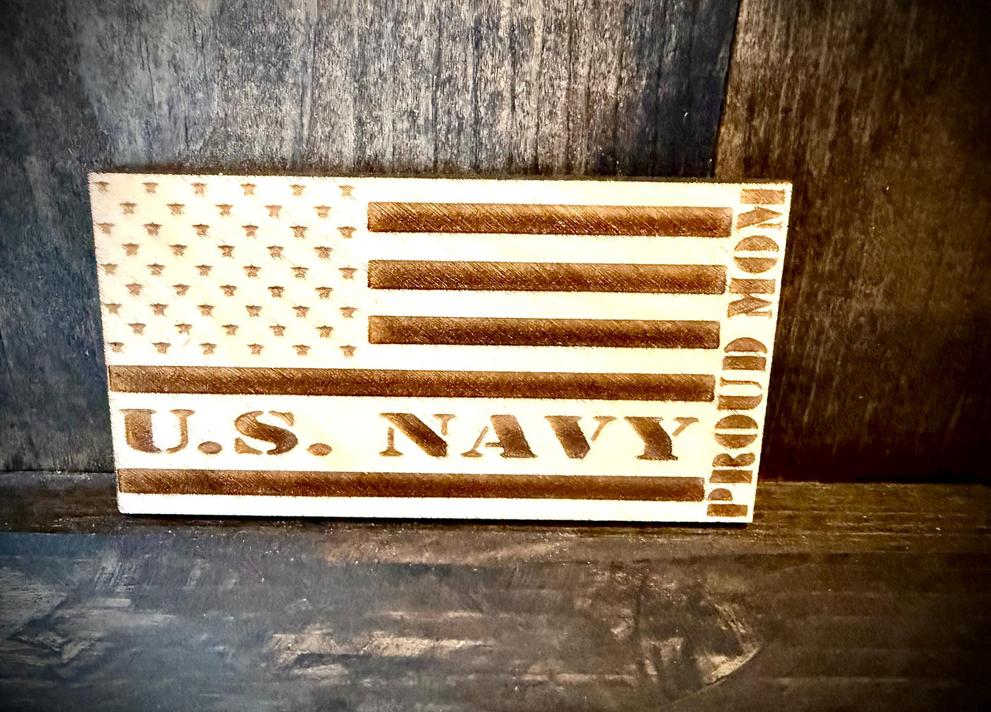 US Navy Proud Mom Laser Engraved US Flag Wood Refrigerator Magnet | 4" x 2.1" | Military Gift