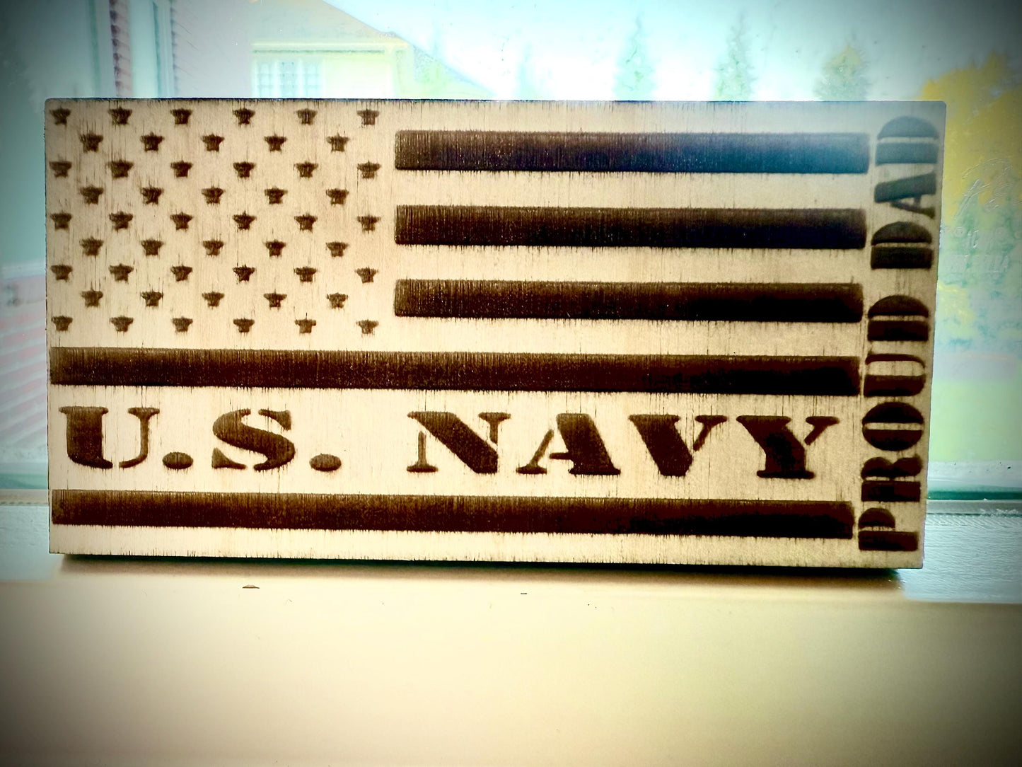 US Navy Proud Dad Laser Engraved US Flag Wood Refrigerator Magnet | 4" x 2.1" | Military Gift