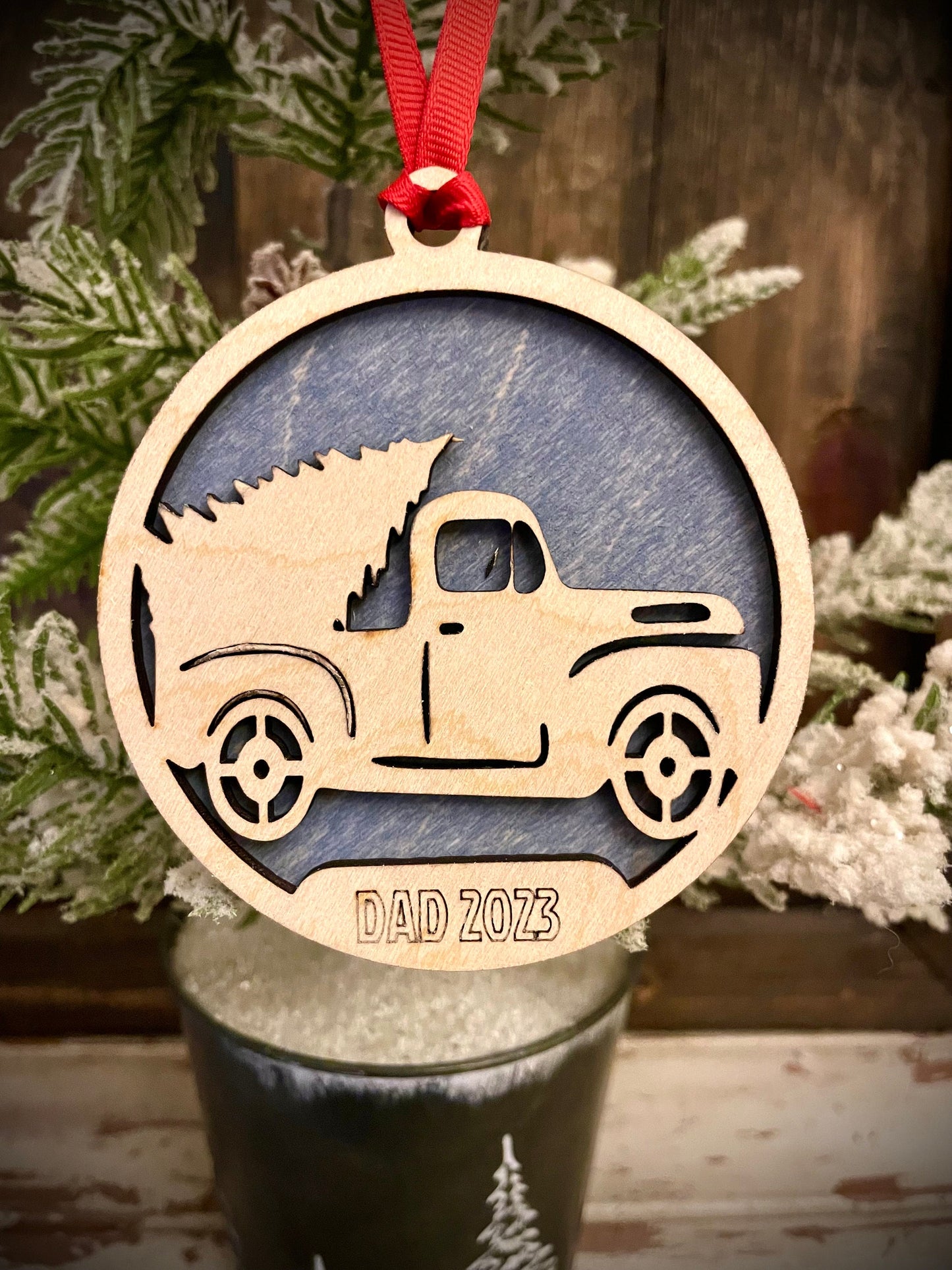 Classic Antique Truck with Christmas Tree Personalized 2-Layer Wood Christmas Ornament & Gift Tag | Multiple Finishes | Holiday Gift
