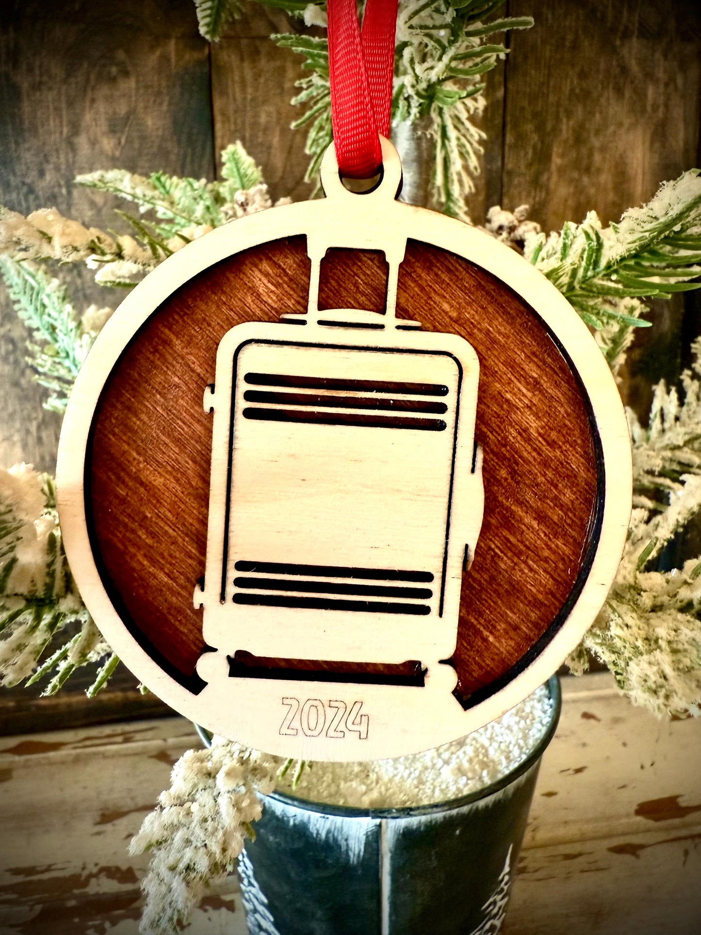 Traveler Traveling Suitcase Personalized 2-Layer Wood Christmas Ornament & Gift Tag | Multiple Finishes | Travel Gift