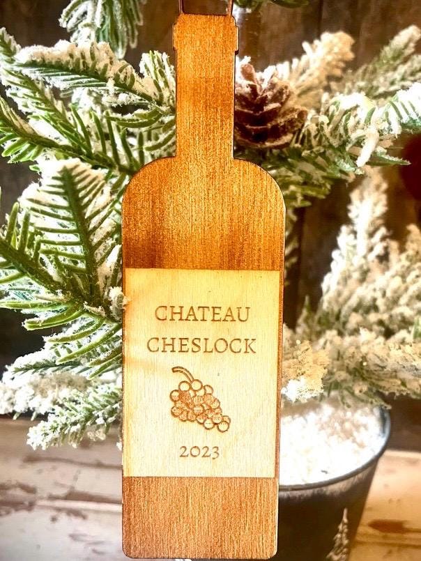 Personalized Wine Bottle Engraved Wood Christmas Ornament & Gift Tag | Wine Lover Gift