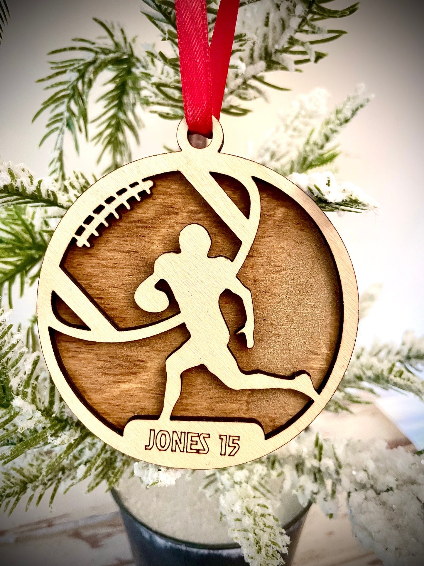 Football player 2-layer personalized laser cut wood Christmas ornament, football gift tag available unfinished or stained (version 12 of 16)