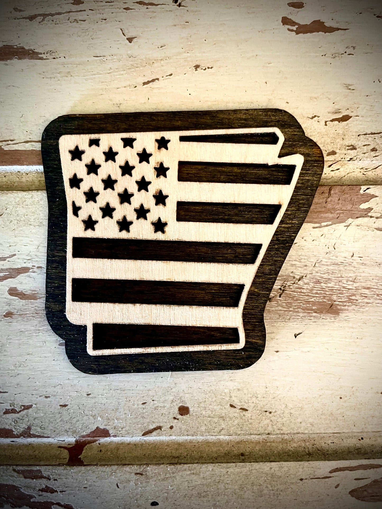 Arkansas US Flag 2-Layer Wood Refrigerator Magnet | 12 Finishes | Patriotic Gift