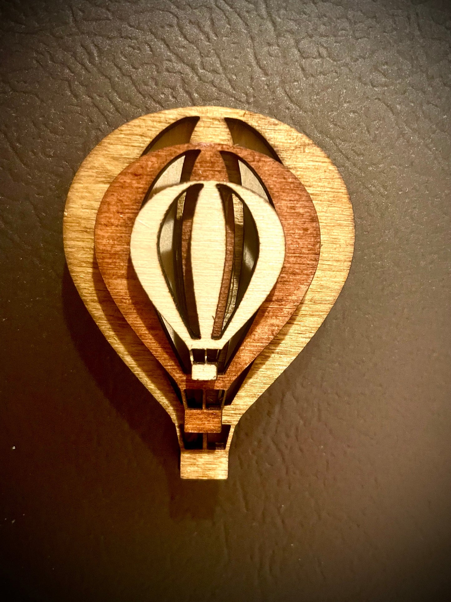 Stacked Hot Air Balloon 3-Layer Wood Refrigerator Magnet | Brown & Gray Tones | Home Decor Gift