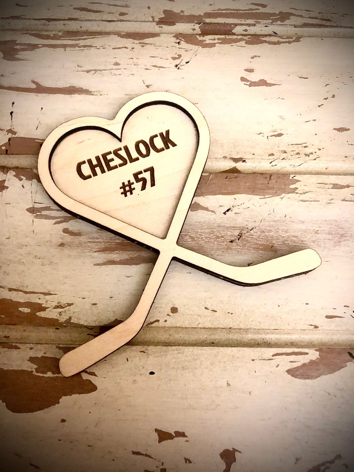 Personalized Hockey Stick Heart Wood Magnet | Engraved | Valentine's Gift