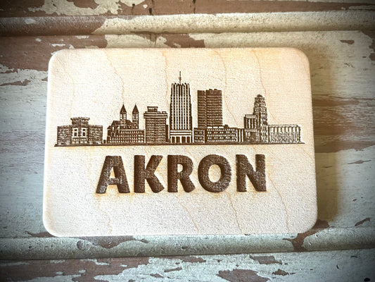 Akron Skyline Wood Magnet | City Souvenir | 3.5" x 2.5"